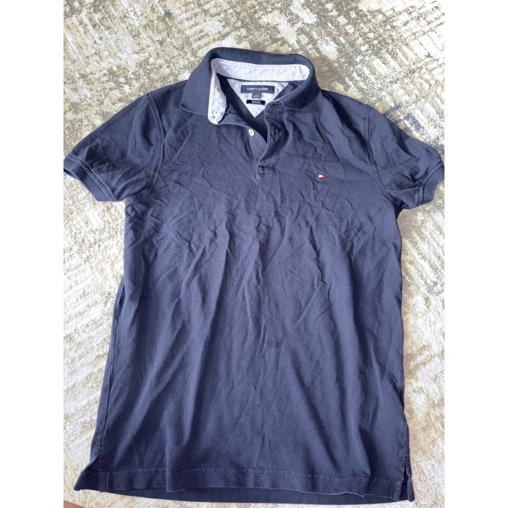 Tommy Hilfiger Mens Slim Fit Polo Shirt Navy Blue Pique Short Sleeve Logo Medium